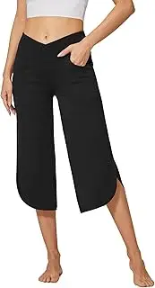 [G4Free] Yoga Capri Pants for Women Wide Leg Dress Crop Pants with Pockets Cross High Waist Flowy Loose Pajama Sweatpants