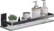 Clear Tempered Glass Mounted Wall Shelf, Bathroom Kitchen Organizer, Matte Black