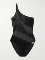 [Norma Kamali] Norma Kamali - Snake One-shoulder Mesh-paneled Lamé Swimsuit - Black - large large Black