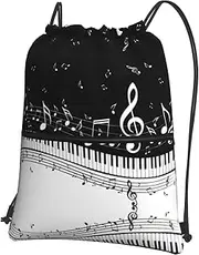 EdWal Black White Music Note Print Drawstring Backpack Gym Bags Sports Bags With Zipper Pocket For Travel Beach, Black, One Size