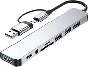 OSALADI USB USB Hub 3.0, Aluminum 8 in 1 USB Splitter with 1 x USB 3.0, 2 x USB 2.0, SD/TF Card Reader, 3.5mm Aux Ports Type for PC/Laptop/Tablet Devices