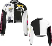 [NICNZQI] Girls Crop Varsity Jacket Print Color Block Bomber Jacket Casual Button Down Baseball Coat
