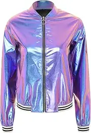 [TiaoBug] Womens Metallic Jacket Long Sleeve Front Zip Sparkle Holographic Shiny Party Bomber Blazer Top