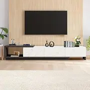 Luxsuite Extendable TV Unit Cabinet Wooden Entertainment Centre Television Storage TV Stand with 3 Drawers High Gloss Drawer Front 190cm to 260cm Black & White