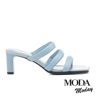 拖鞋 MODA MODAY 可愛蓬蓬感羊皮方頭高跟拖鞋－藍