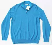 New HAGEN Sweater Quarter Zip CASHMERE Cotton Pullover Men's LARGE L Blue ITALY
