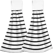 Chic Black White Stripes Kitchen Towels with Hanging Loop Custom Bathroom Tie Towels Set of 2 Absorbent Cute Kitchen Hand Towels, 18.2 x 14 Inch