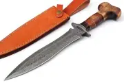 Custom Handmade Damascus Steel Dagger Knife WalnutWoodHandle with LeatherSheath.
