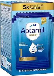Aptamil Gold+ 1 Premium Nutritionally Complete Infant Formula, Scientifically Researched Ingredients, Baby Formula From Birth to 6 Months, Powder Sachets, Easy to Carry On The Go, Pack of 5