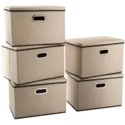 Large Collapsible Storage Baskets with Lids [5-Pack] Jute Fabric Foldable Sto...