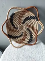 Seri Plate palm leaf woven coiled six loops around rim Beige, Back, Tan.