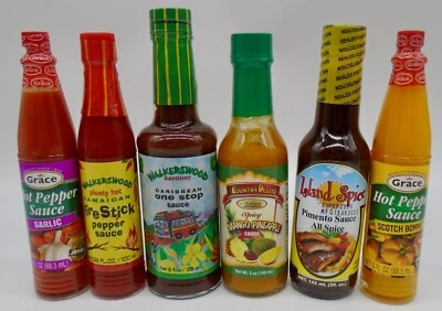NEW 6 PACK LOT JAMAICAN BBQ, SCOTCH BONNET, PIMENTO, HOT PEPPER SAUCES