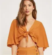 The East Order Amelie Tie Front Batwing Crop Top Orange L