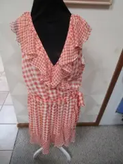LAUREN CONRAD- RED/WHITE-CHECK-RUFFLE- LINED-CHIFFON FAUX WRAP DRESS-SIZE-M-NWT