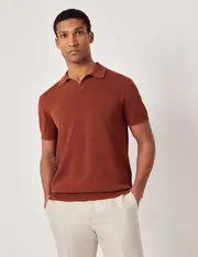 Hawes & Curtis Rust Open Collar Knitted Cotton Polo Shirt | Short Sleeve Size: Medium