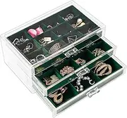 ProCase Earring Organizer Jewelry Organizer Box with 3 Drawers, Acrylic Stackable Jewelry Holder Clear Earring Storage Case with Adjustable Velvet Trays for Women on Dresser Vanity -Emerald, 3 Layers