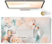 Colorful Star Rose & Butterflies Desk Pad, Leather Desk Mat for Girls Women, Rainbow Cute Desk Accessories Kawaii Office Décor, Waterproof Non-Slip Large Writing Mat for Kids 31.5"x15.7"