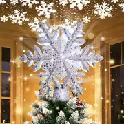 Christmas Tree Topper Lighted with LED Rotating Silver Snowflake Decorations
