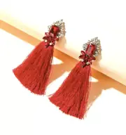 EXQUISITE Emerald-Cut Red Crystals Cluster Silky Thread Tassel Earrings