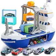 [cute stone] Cargo Ship Toy & Gantry Crane, Toy Boat and Crane Playset with Sounds & Lights, Transport Containers, Push and Go Vehicle Cars, Kids Play Boats for Boys Girls