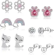 [Senteria] 6 Pairs Sterling Silver Stud Earrings for Women, Hypoallergenic Silver Studs for Girls Cute Pink CZ Heart Butterfly Flower Silver Earrings for Women Sleeper Earring Set for Multiple Piercings
