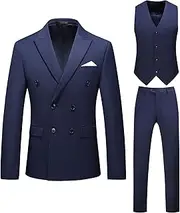 [Generic] Men's Solid 3 Piece Double-Breasted Suit Tuxedo Blazer Pant and Vest Set Jacket Suits for Business Wedding Prom