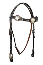 Western Leather Emitated Leather Print overlay Silver Conchos Headstall