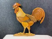 Hand crafted solid wood intarsia wall hanging featuring a rooster