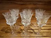 Vintage Floral and Wheat Etch 4.5" Clear Wine Glass Stemware Set of 6
