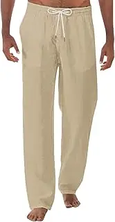 Men's Casual Linen Pants Lightweight Summer Beach Yoga Pants Elastic Waist Straight Leg Lounge Trousers with Pockets
