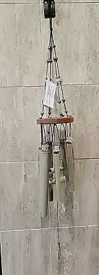 CHERRY WOOD BAMBOO WIND CHIME : Zen Rose Quartz gems 37 x 5.5" chakra home decor