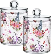 Paris Eiffel Tower Hearts Flowerss 2 Pack Cotton Ball Jars for Bathroom for Cotton Swab, Cotton Round Pads, Floss Picks