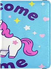 [Amooorous] Welcome Home Cute Cartoon unicorns Leather decorative travel wallet womens passport holder Travel Documents Organizer Protector Passport Cover with RFID Blocking Lightweight, Welcome home cute cartoon