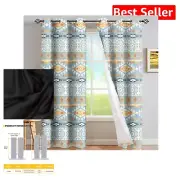 Aztec Pattern Blackout Curtains in Blue - Modern Window Drapes (Pack of 2)