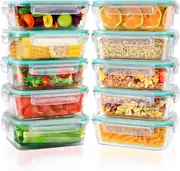 10-Pack Airtight Glass Food Storage Containers with Lids for Meal Prep, Microwave and Freezer Safe