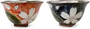J-Kitchens Workshop Sho~ 180429 Square High Stand Rice Bowl, Pair (Red Blue) Oribe Powdered Cherry Blossom, Hasami Yaki, Made in Japan