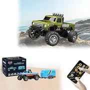 Mini RC Monster Truck, Mini Truck Toy, 1/64 Scale Alloy RC Toy Car 4x4 with Trailer Box, Aerospace-Grade Alloy Construction, Powerful Off-Road Performance, Designed for Collectors (Green)