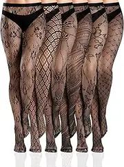 [Bencailor] 6 Pairs Women Fishnet Thigh High Stockings Black Lace Tights Floral Patterned Mesh Pantyhose Leggings for Halloween, Black, One Size