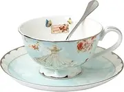 AWHOME Teacup and Saucer and Spoon Sets Vintage Royal Bone China Tea Cups Rose Flower Blue Boxed Set 7-Oz