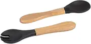 2pc Black Bamboo Baby Weaning Fork & Spoon Set - Small Toddler Kids Childrens First Self Feeding Food Cutlery Utensils - by Tiny Dining