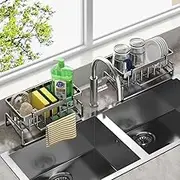No Drill Self-Adhesive Sink Organiser Black Metal Drain Shelf & Drying Rack with Rust-Resistant Hooks for Sponges/Brushes/Cloths, Space-Saving Kitchen Caddy for Rentals (Fits Laundry/Bathroom)
