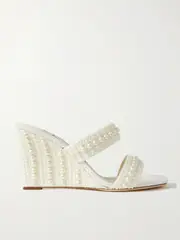 [Jimmy Choo] Jimmy Choo - Sacoria 85 Pearl-embellished Satin Wedge Sandals - White - IT41 IT 41 White