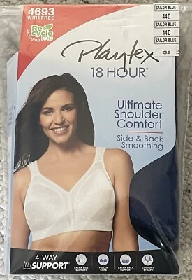 NEW Playtex 18 Hour Ultimate Shoulder Comfort Bra 4693 Wirefree Sailor Blue 44D