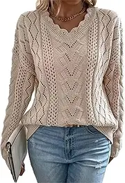 Zylphorix Women's V-Neck Crochet Sweater - Long Sleeve Knitted Pullover with Hollow-Out Pattern and Ribbed Hem