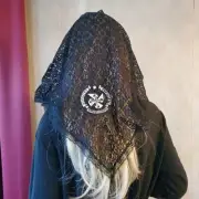 Dominican Order Emblem Embroidered on Black Lace Mantilla Chapel Veil Catholic
