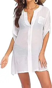 [Colisha] Womens Short Sleeve Linen Tops Casual V-Neck Button-Down Blouse Long Shirts Loose Plus Size Tunic