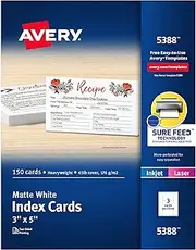 Avery Printable 3" x 5" Cards, 150 Blank Index Cards - Great for Recipe Cards and Flashcards (5388), White