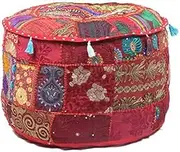 GANESHAM KLAVATE Indian Hippie Vintage Cotton Floor Pillow & Cushion Patchwork Bean Bag Chair Cover Boho Bohemian Hand Embroidered Handmade Pouf Ottoman (Red, 13" H x 18" Diam.(inch))