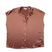 NWT Vince Silk Shaped Collar Cap Sleeve Blouse in Vintage Rose Button-up Top XL