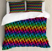 Geometric Duvet Cover Set with Pillow Shams Digital Puzzle Style Print